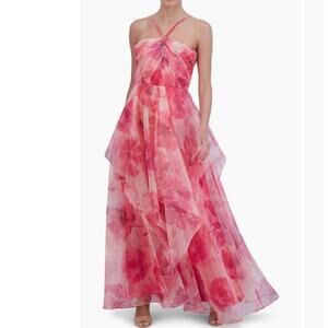 Eliza j floral poppy pink chiffon gown dress 6 flawed